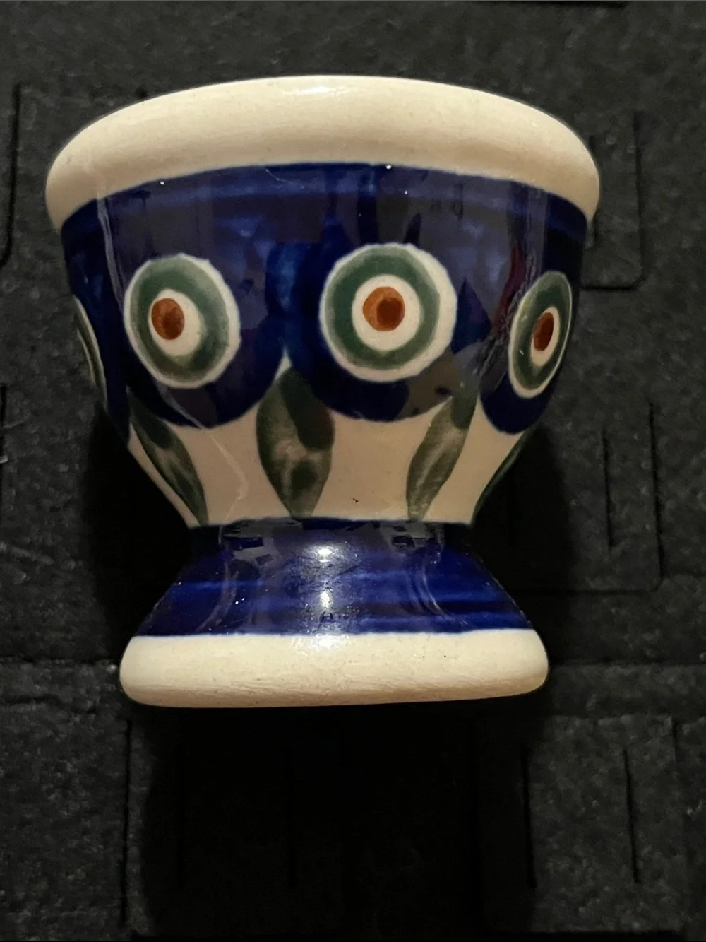 Vintage Ceramic Egg Cup with Blue, Green, Brown Floral Motif